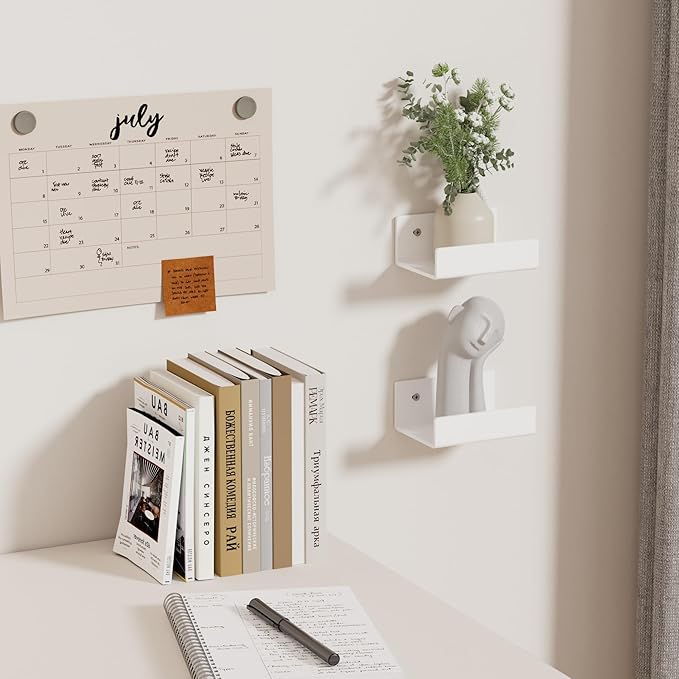 5 Inches U Shape White Acrylic Wall Shelves 2 Pack, Acrylic Small Shelves for Books, Home Décor, Digital Clock, Speaker, Toiletries-NeatNest