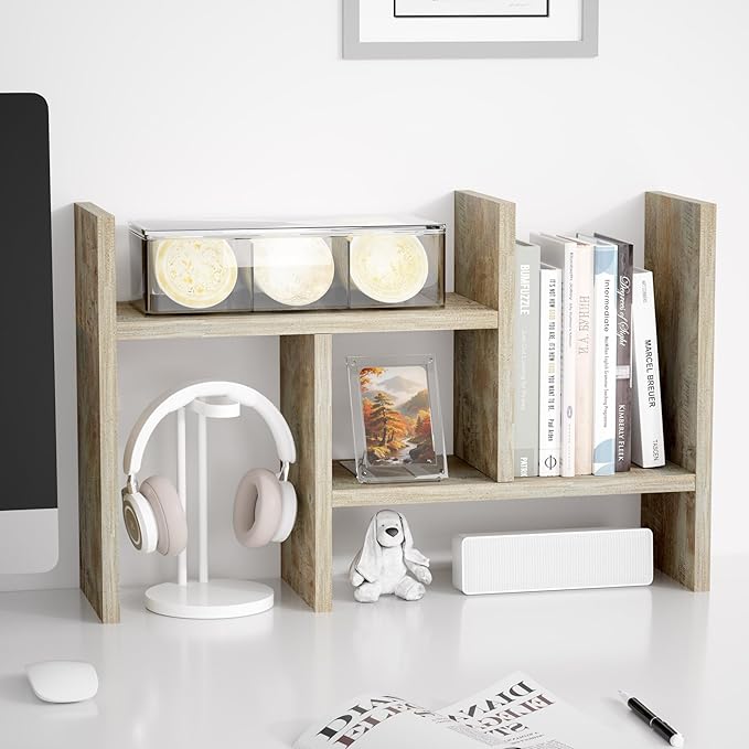 Jerry & Maggie Desktop Organizer Office Storage Rack Adjustable Wood Display Shelf Free Style Double H, Multi-Functional Mini Bookshelf for Desk Natural Stand (Gray Oak)-NeatNest