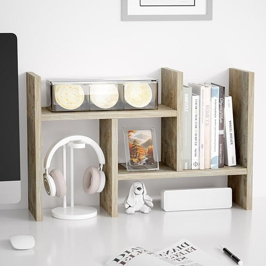 Jerry & Maggie Desktop Organizer Office Storage Rack Adjustable Wood Display Shelf Free Style Double H, Multi-Functional Mini Bookshelf for Desk Natural Stand (Gray Oak)-NeatNest