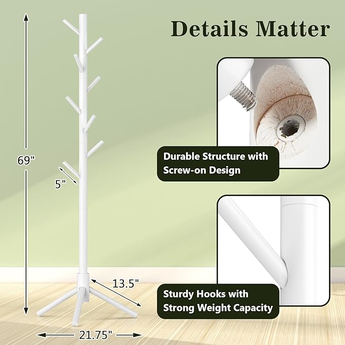 2 Pack Coat Rack, Solid Wood Coat Rack Freestanding with 8 Hooks & 3 Adjustable Heights, Simple Assembly Coat Tree for Hats, Bags, Wooden Coat Hanger Stand for Bedroom, Entryway, Office-NeatNest