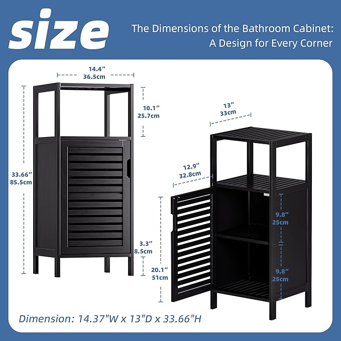 HITNET Bamboo Floor Cabinet, Small Bathroom Cabinet Floor Standing, 4 Tier Narrow Side Storage Cabinet, Space Saving Kitchen Cupboard with Single Door, Black