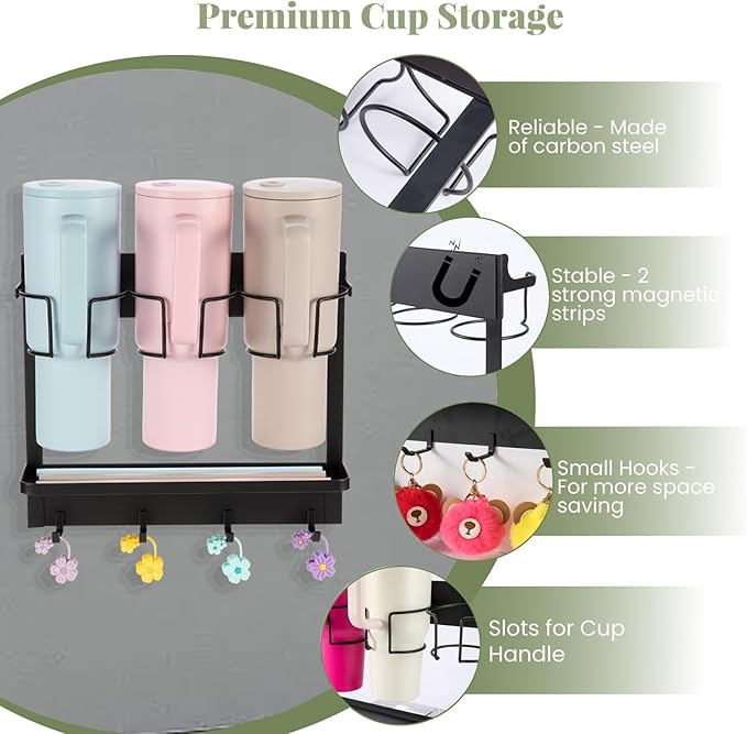 CINPIUK Water Bottle Organizer Holder, Magnetic Mug Hook Storage for Stanley & Large Tumbler, Space Saving Wall Mount Self-Adhesive Mug Organizer with 4 Hook, Easy to Install, Black-NeatNest