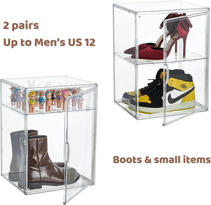 Attelite XXX-Large Clear Display Case Stackable Plastic Storage Bins with Lid, 2 Tiers Boot Shoe Box Organizers with an Adjustable Divider, Big Acrylic Display Storage Box with Magnetic Door