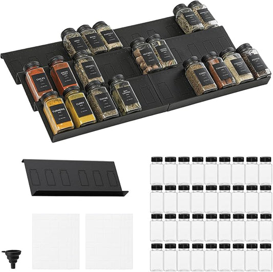 Famhap 6 Pack Spice Drawer Organizer with Labels and 36 Plastic Jars, Expandable from 11.7" to 23.2" Seasoning Rack Tray Insert for Kitchen Drawers, Spice Rack Drawer for Spice Jars-NeatNest