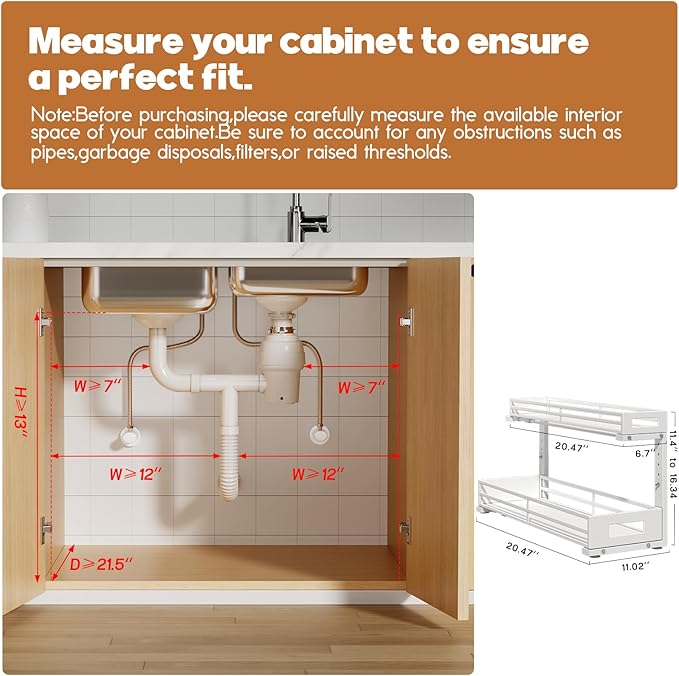 2-Pack 20.47"Deep Under Sink Organizer And Storage,2-Tier L-Shaped Pull Out Cabinet Organizer with Upgraded Slide Rails,Height Adjustable Drawers for Kitchen&Bathroom,Extra-Large Storage Shelves–White-NeatNest