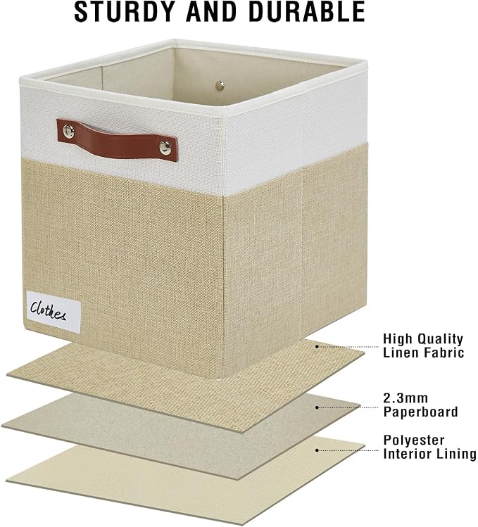 Collapsible Fabric Storage Cube Bins with 2 Reinforced PU Handles, Foldable Storage Organizer Baskets for Closet, Shelves, Living Room | 11"x11"x11", 4 Pack, Beige & White-NeatNest