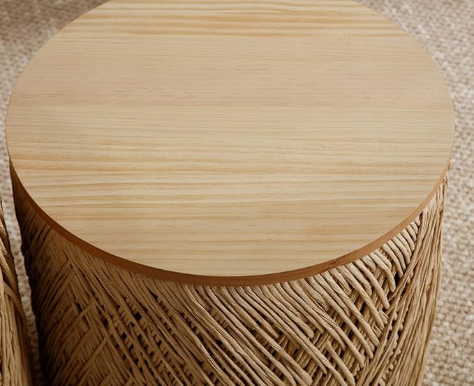 chairus Nesting Coffee Table Set of 2 Woven Round Coffee Table with Storage Solid Wood Side Table for Small Spaces, Living Room, Bedroom, Office, Natural-NeatNest