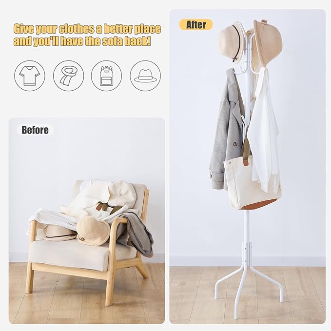 Coat Rack Freestanding for entryway,Living Room,Bedroom,Metal coat tree with12 Hooks and 3 Legs,hat stand (White)-NeatNest