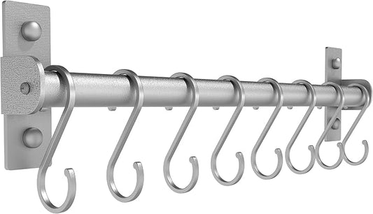 Dseap Kitchen Utensil Holder Hanger, Pot and Pan Rack Wall Mounted, Kitchen Rail with 8 Hooks for Hanging Cooking Utensils, Mugs, Spoons, Wall Mounted, Silver-NeatNest