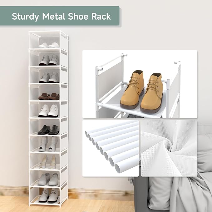 Narrow Shoe Rack, 10 Tier Vertical Shoe Rack for Closet Entryway, White Tall Slim Shoe Tower for Small Spaces, Shinky Shoe Organizer, Space Saving Corner Shoe Shelf-NeatNest