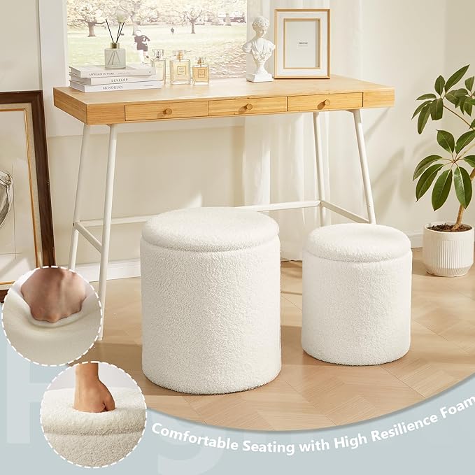Boucle Round Ottoman with Storage Set of 2,Small Foot Stool Ottoman for Living Room, Small Coffee Table,Vanity Stool with Storage for Bedroom, White-NeatNest