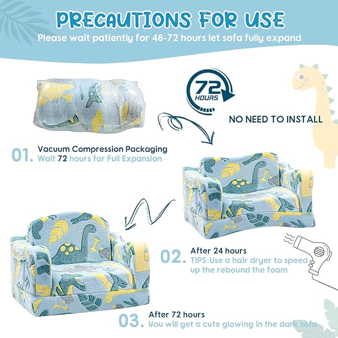 Comfy Toddler Chair and Couch for Kids with Blanket,2-in-1 Soft Plush Fold Out Toddler Couch for Girls and Boys,Convertible Sofa to Lounger for Playroom,Glowing Dinosaur-NeatNest