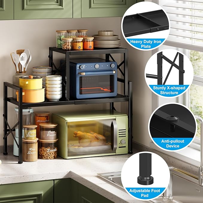 Expandable Metal Storage Shelves,100LBS Stackable Pantry Heavy Duty Shelving Units and Storage for Small Appliances,Adjustable Countertop organizer for kitchen,Cabinets,Closet,Pantry,Garage,Warehouse-NeatNest