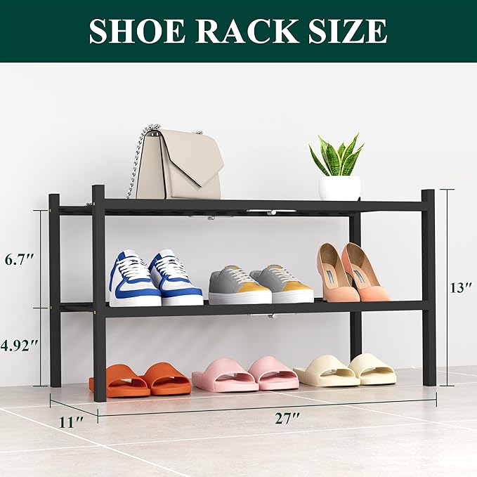 Smiry Shoe Rack, 2 Tier Thick Bamboo Shoe Organizer, Stackable Free Standing Wooden Shoe Storage Shelf for Closet, Entryway, Front Door Entrance, Black-NeatNest