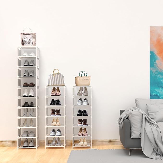 Narrow Shoe Rack, 10 Tier Vertical Shoe Rack for Closet Entryway, White Tall Slim Shoe Tower for Small Spaces, Shinky Shoe Organizer, Space Saving Corner Shoe Shelf-NeatNest