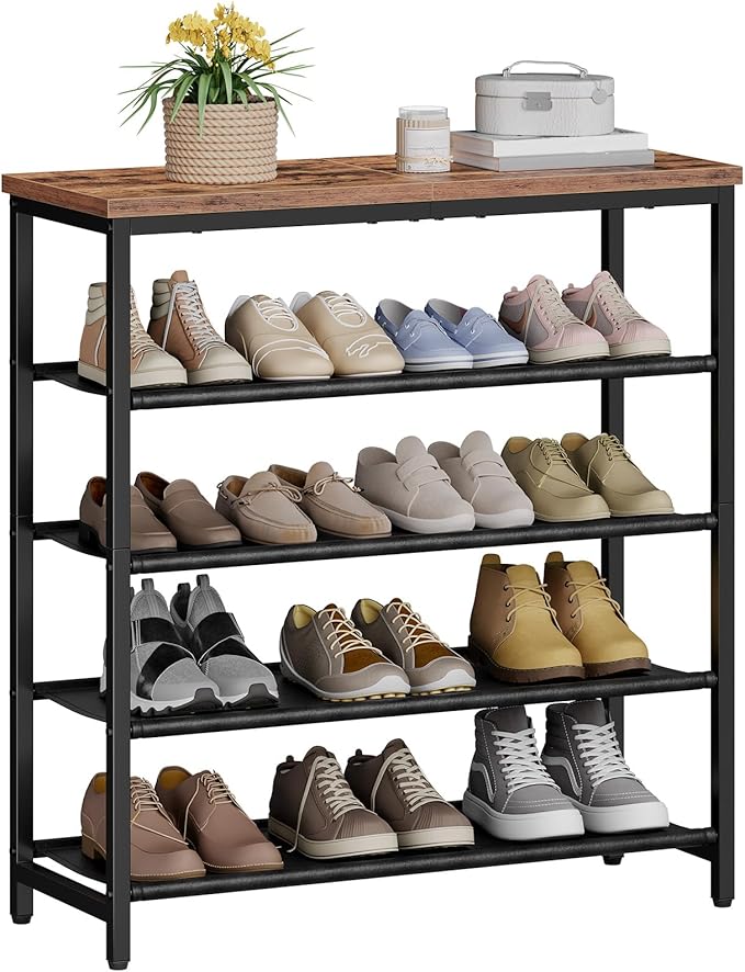 HOOBRO Shoe Rack with 4 PU Shelves, 5-Tier Shoe Storage Organizer for Closet and Entryway, Holds 12-16 Pairs of Shoes, Sturdy Metal Frame, Small Spaces, Rustic Brown and Black BF95XJ01-NeatNest