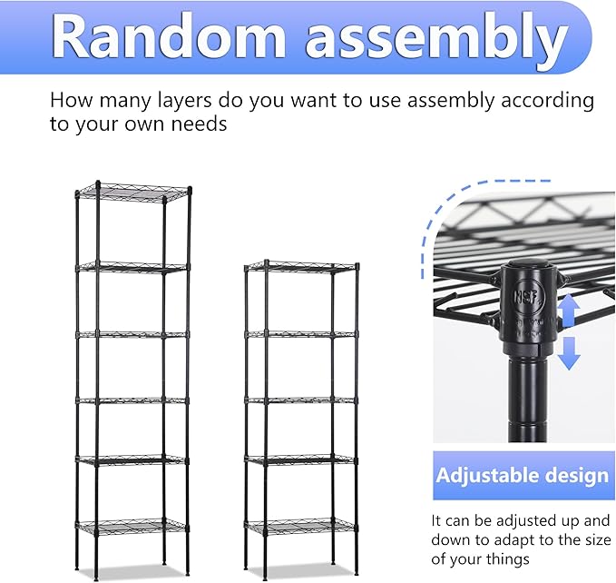 BestOffice Metal Garage Shelving 6 Tiers Garage Storage Shelves Heavy Duty 17”D x 12”W x 64”H Easy Assemble Wire Shelving NSF Certified Storage Shelves with Levling Feet for Home Garage Office, Black-NeatNest