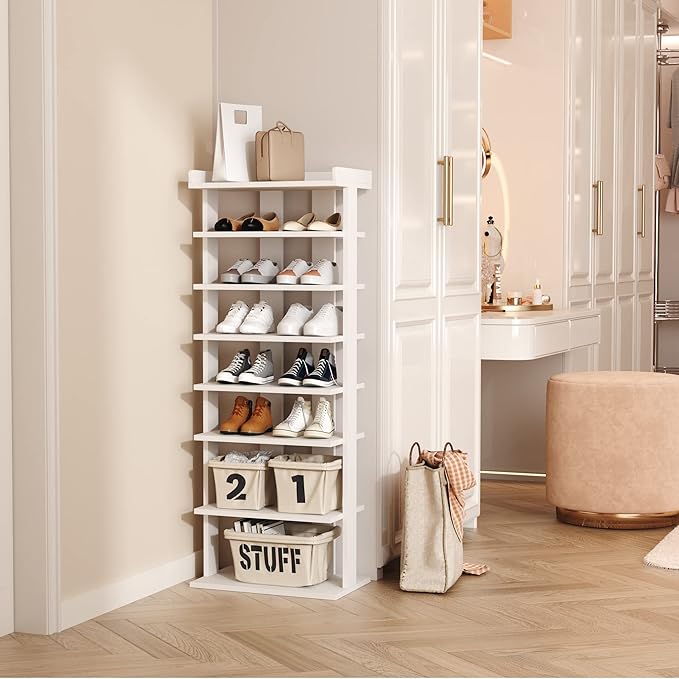 HOMEFORT 7-Tier Wood Shoe Rack, Double Rows 7-Tier Shoe Shelf, Shoe Storage Stand, Entryway Shoe Tower, Vertical Shoe Organizer Perfect for Narrow Closet, Entryway, Hallway, Bedroom in White-NeatNest