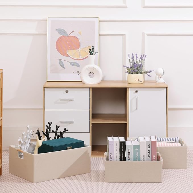 ANMINY 6PCS Storage Baskets for Organizing Collapsible Fabric Storage Bins Boxes with Wood Handles Closet Shelves Cube Organizer Bins Clothes Laundry Storage Container - Large, Beige-NeatNest