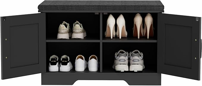 2-Tier Storage Bench, Shoe Bench with Padded Seat Cushion, Entryway Bench with 2 Barn Doors, Adjustable Shelf, 13.8" D x 27.6" W x 17.7" H, for Entryway, Living Room, Bedroom, Black-NeatNest