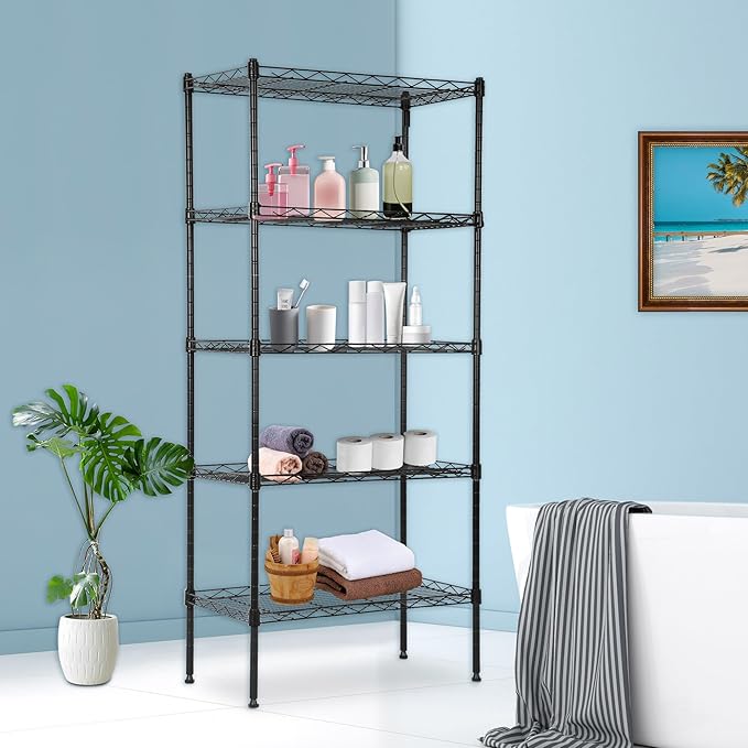 BestOffice Garage Shelving 5 Tier Metal Storage Shelves 750lbs Weight Capacity Heavy Duty Wire Shelving NSF Certified Utility Shelves with Leveling Feet for Garage Home Office, Black-NeatNest