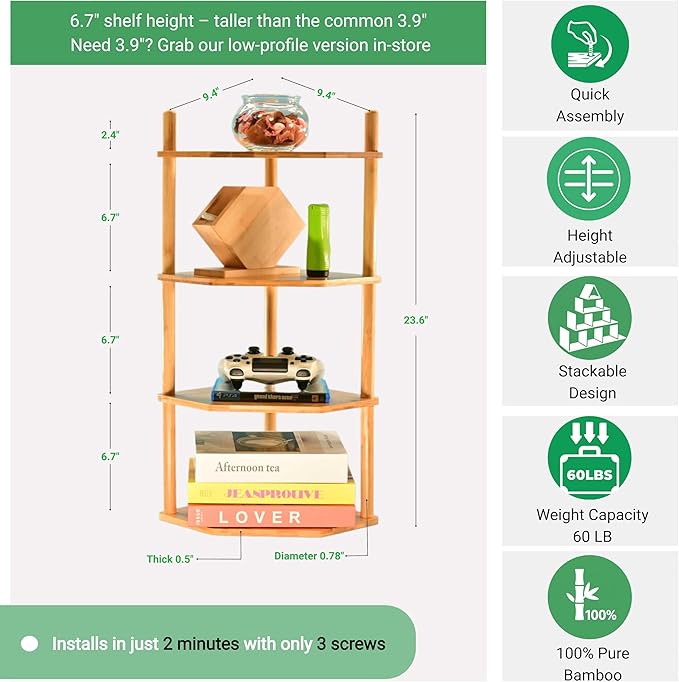 Expandable Bamboo Corner Shelf for Cabinet - 2-5 Tiers Plate Organizer, Kitchen Space Saver, Minimal Tool Assembly (Powered by Gogogo) (Natural, 6.7" H(4 Tier))-NeatNest