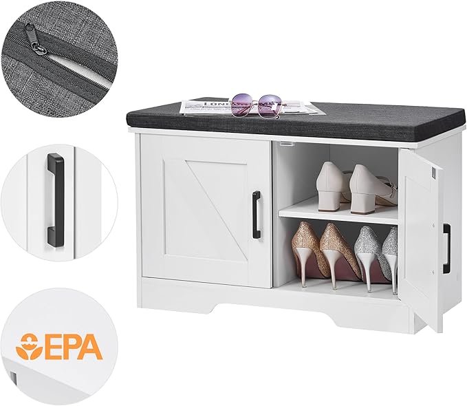 2-Tier Storage Bench, Shoe Bench with Padded Seat Cushion, Entryway Bench with 2 Barn Doors, Adjustable Shelf, 13.8" D x 27.6" W x 17.7" H, for Entryway, Living Room, Bedroom, White-NeatNest