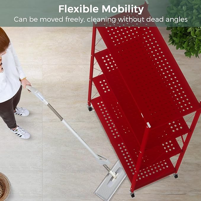 DEANIC 4 Tier Foldable Storage Shelves with Wheels, Large Capacity Shelving Unit, Freestanding Metal Wire Shelf Rack, No Assembly Organizer Rack for Garage Kitchen, Basement(Red)-NeatNest