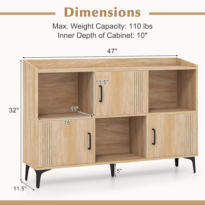 Giantex Storage Cabinet, Sideboard with 3 Doors, 3 Open Compartments, Bookcase with 5 Raised Metal Legs, Buffet Table, Bookshelf, Floor Cabinet for Living Room Display, Dining Room, Entryway, Oak