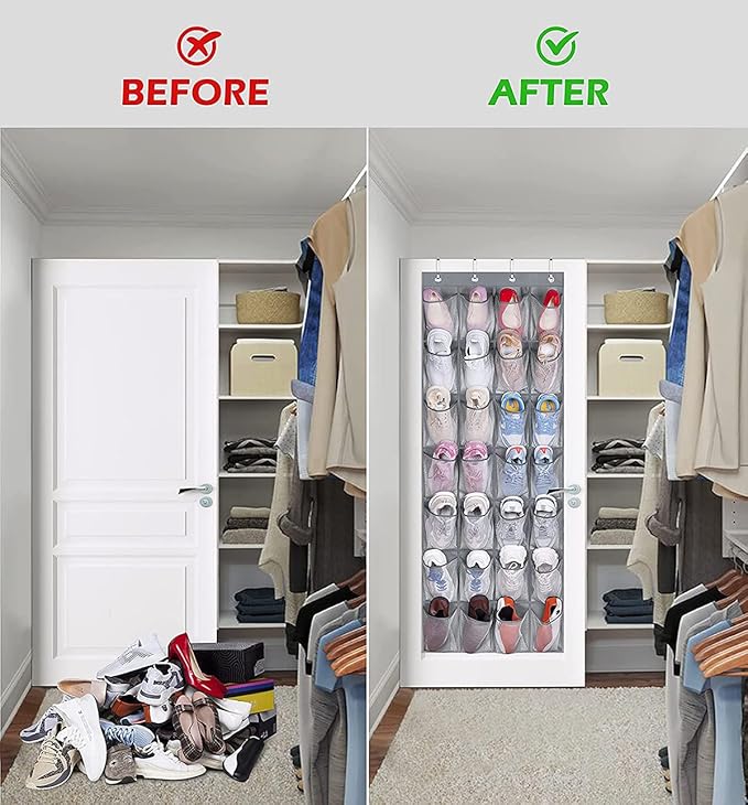 Over the Door Shoe Rack Organizer with 24 Mesh Pockets Hanging Pocket Organizer for Bedroom Bathroom Kitchen Stroage (24 Pockets)-NeatNest