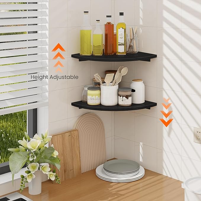Homode Corner Floating Shelves, 12" Deep Corner Shelves Wall Mounted with Cord Hole, 2 Tier Curved Corner Hanging Shelving for Wall Storage, for Cable Box, TV Cords, Books, Plants, Black
