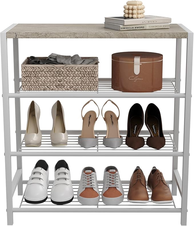 HOMEFORT 4-Tier Shoe Rack, Modern Industrial Shoe Storage Tower, Narrow Shoe Organizer for Closet Entryway, Small Shoe Rack Table with Durable Metal Shelves and MDF Top, White Oak-NeatNest