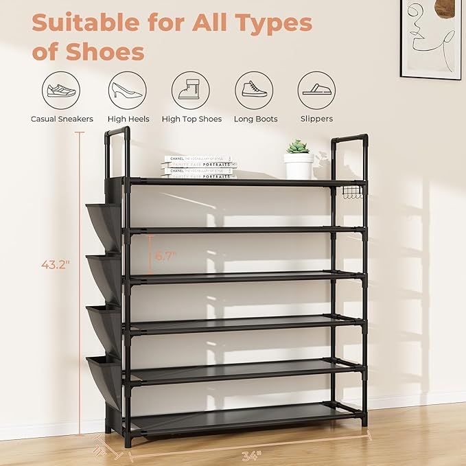 6 Tier Shoe Rack, Shoe Organizer Storage for 24-30 Pairs Shoe and Boot, Long Shoe Shelf with Hook and Side Pocket Free Standing Tall Shoe Rack Organizer for Closet, Entryway, Dorm-NeatNest
