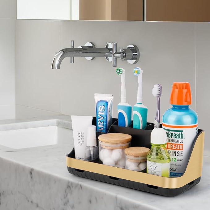 Gold Toothbrush Holders for Bathrooms Countertop Organizer - Detachable 7 Slots Electric Toothbrush and Toothpaste Holder, Kids Organization and Storage, Restroom Accessories Vanity Stuff-NeatNest