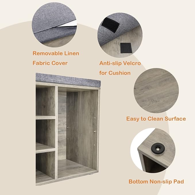 DINZI LVJ Shoe Bench, 9 Cubbies Shoe Organizer for Entryway, Storage Bench with Cushion, Cubby Shoe Rack with Adjustable Shelves for Living Room, Bedroom, Mudroom, Hallway, Gray Wash-NeatNest