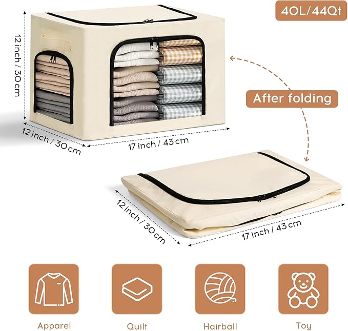 3-Pack Clothes Storage Bins with Metal Frame, Foldable 40L Linen Storage Boxes with Lids, Zippers & Durable Handles, Clear Windows (Cream)-NeatNest