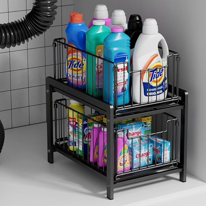 2 Tier Sliding Basket Drawer Organizer, Lxmons Pull Out Under Sink Cabinets Organizers, Metal Home Shelf for Bathroom or Kitchen, Sliding Countertop or Pantry Storage Shelf, Large Black-NeatNest