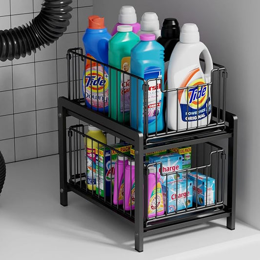 2 Tier Sliding Basket Drawer Organizer, Lxmons Pull Out Under Sink Cabinets Organizers, Metal Home Shelf for Bathroom or Kitchen, Sliding Countertop or Pantry Storage Shelf, Large Black-NeatNest