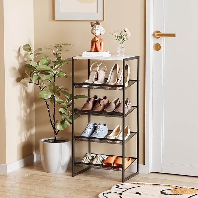 Garden 4 you 5 Tiers Narrow Shoe Rack,Small Space Freestanding Shoe Storage Organizer with White Wooden Tabletop,Adjustable Metal Shelf Stackable Shoe Shelf for Entryway Hallway Living Room Closet-NeatNest