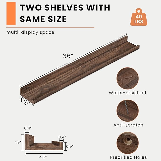 Heimlove Picture Ledge Shelf, Floating Shelves Set of 2, 36 Inches Picture Shelf for Wall with Ledge, Kids Bookshelf Wall Mounted for Living Room Bedroom Decor Books Photo Frames - Walnut-NeatNest