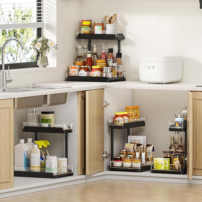 heart & home 1-Pack Under Sink Storage Organizer for Kitchen & Bathroom Cabinets with Removable Washable Tray, Tool-Free Assembly – Multi-Purpose for Kitchen Countertop, Vanity, & Laundry Room，Black-NeatNest