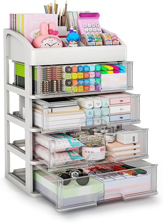 Desk Organizer with 4 Drawer Storage, Desktop Drawers Organizer for Office/School Supplies, Plastic Stationary Makeup Organizer, Desk Storage Box Organizer for Office, School, Bathroom-NeatNest