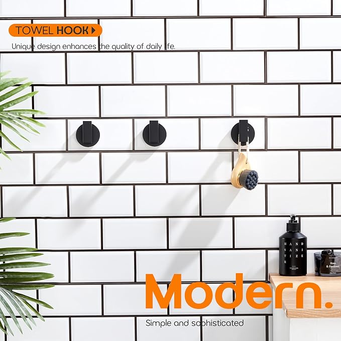 Robe Hook Matte Black Bath Towel Hooks Stainless Steel Wall Hooks for Bathroom Kitchen Closet Garage Door Hanger 3 Pack, AN1001MB-P3