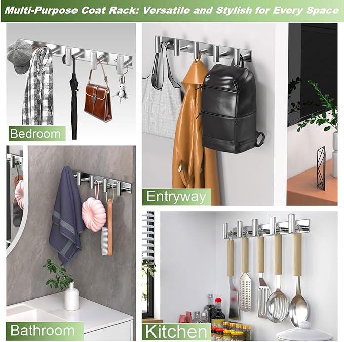 Wall Mounted Coat Rack-5 Hooks, Heavy Duty Stainless Steel Hook Rail for Towel Coat Hat Purse Bag Jacket, Towel Hooks for Entryway Bathroom Kitchen (Silvery 5 Hooks - 1 Pack)-NeatNest