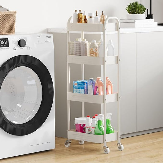4 Tier Slim Kitchen Storage Cart for Narrow Space, 7.1'' Wide Metal Rolling cart with Wheels and Lockable Casters, Sturdy Mobile Thin Shelf for Laundry Room Between Washer and Dryer, White
