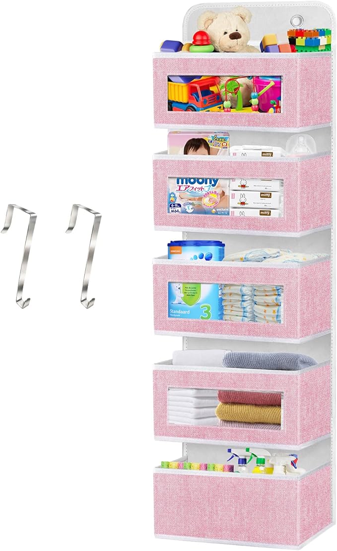 homyfort Over the Door Organizer, Hanging Baby Diaper Organizer for Nursery, Pink Wall Storage Organizer with 5 Large Pockets for Girls Room,Pantry,Dorm,Bathroom,Closet-NeatNest