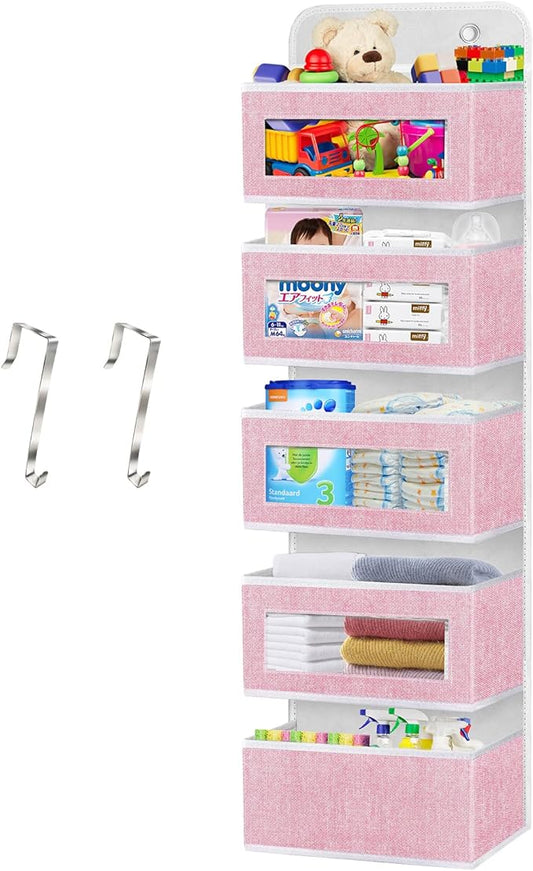 homyfort Over the Door Organizer, Hanging Baby Diaper Organizer for Nursery, Pink Wall Storage Organizer with 5 Large Pockets for Girls Room,Pantry,Dorm,Bathroom,Closet-NeatNest