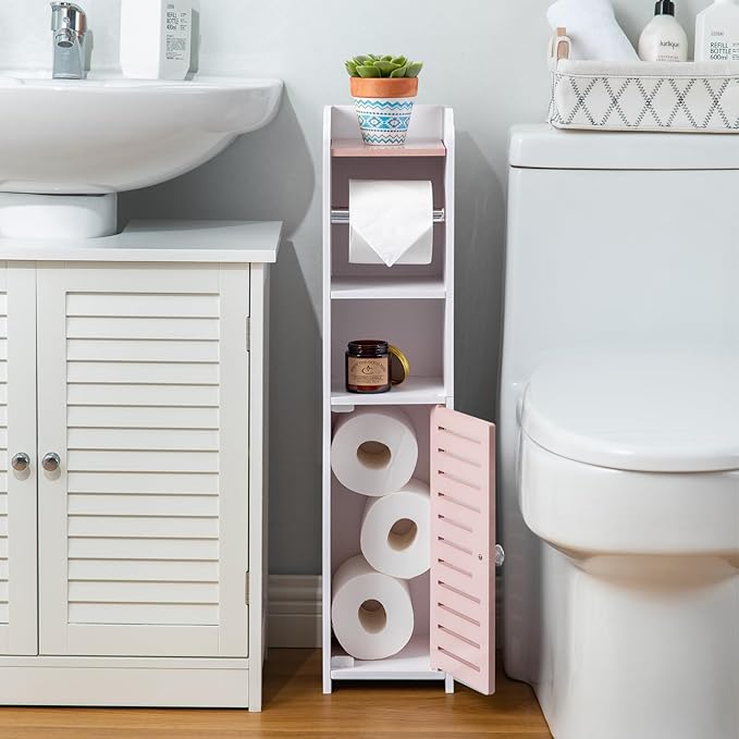 AOJEZOR Toilet Paper Holder Stand: Small Bathroom Storage Cabinet - Pinkish Rose - White-NeatNest