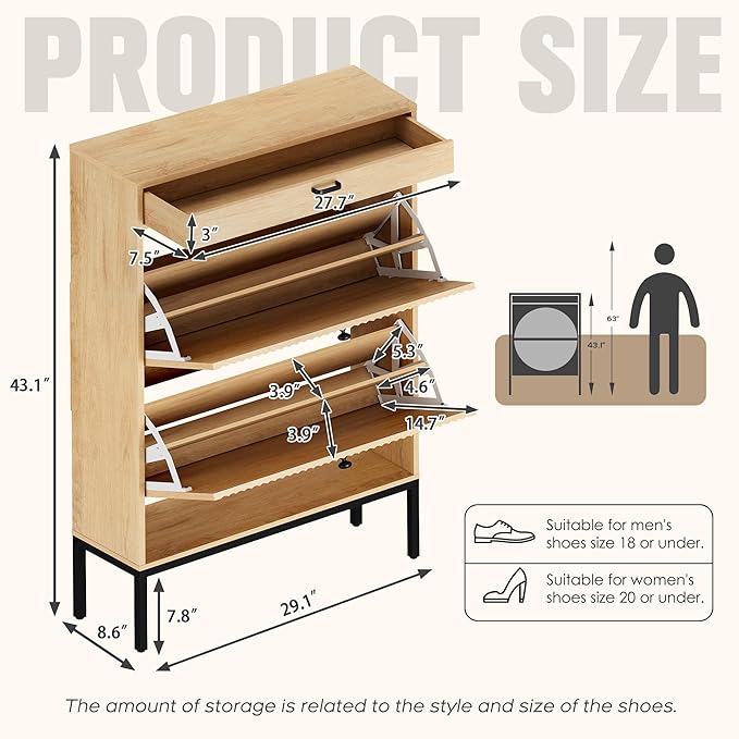 Brafab Shoe Storage Cabinet with 2 Flip Drawers&1 Small Drawer, Slim Entryway Shoe Organizer with Fluted Panel Doors for Sneakers,Light Beige-NeatNest