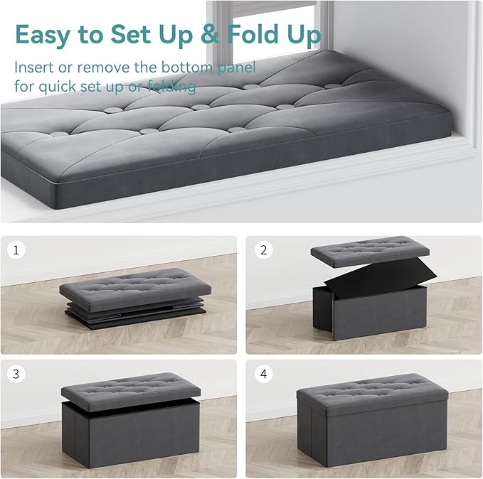 BRIAN & DANY Folding Storage Ottoman Bench, Ottoman with Storage, Foot Rest, Benches Seat for Bedroom, Living Room, Entryway, Long Shoes Bench, 15.7" x 31.5" x 15.7" Gray-NeatNest